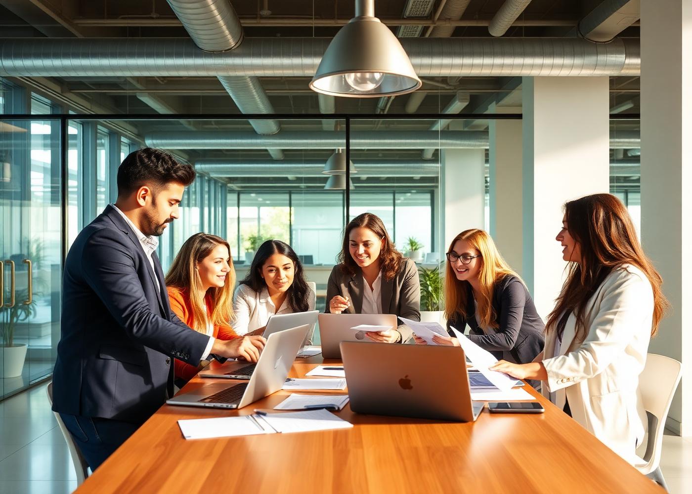 Profesionales extranjeros trabajando junto a asesores en una oficina moderna en Paraguay